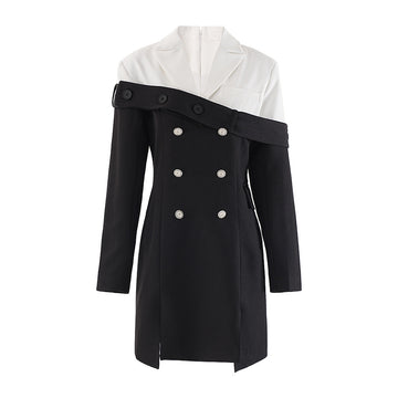 Woochic robe blazer croisée contrastée noir et blanc taille haute fente